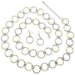 Long 2-Tone Hammered Rings Necklace Earrings Set
